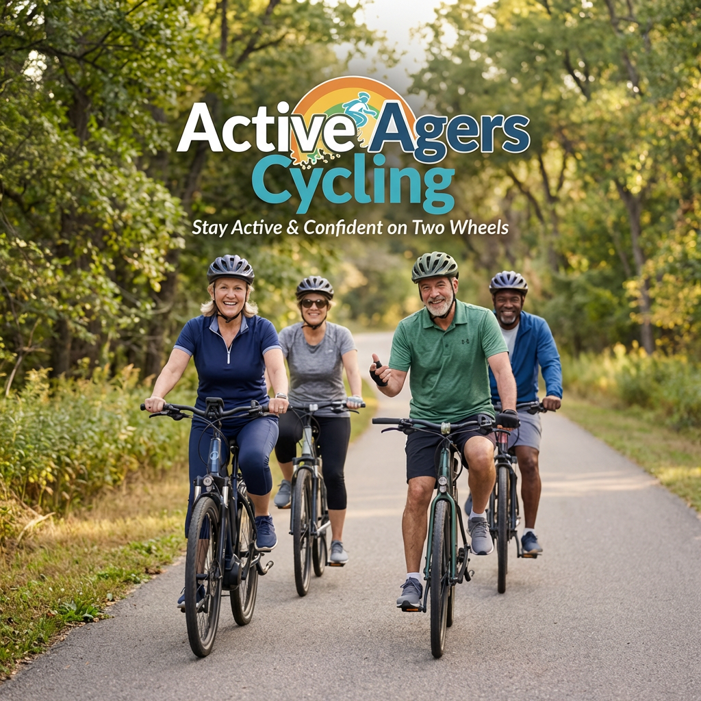 Group of adult cyclists over 50 riding together on a sunny trail